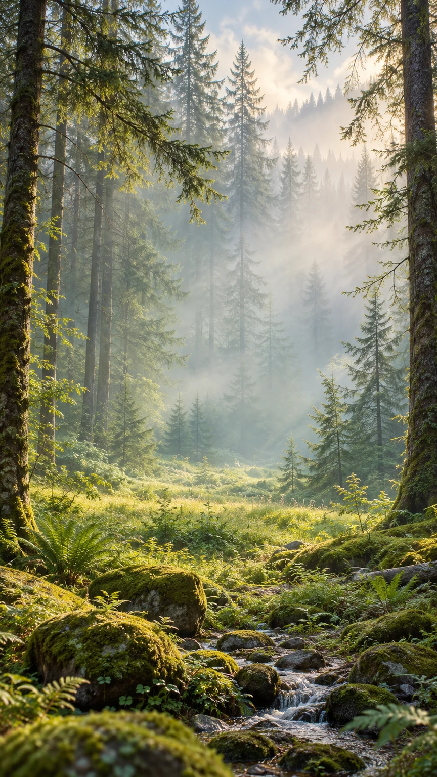 Soft morning light in a green forest
