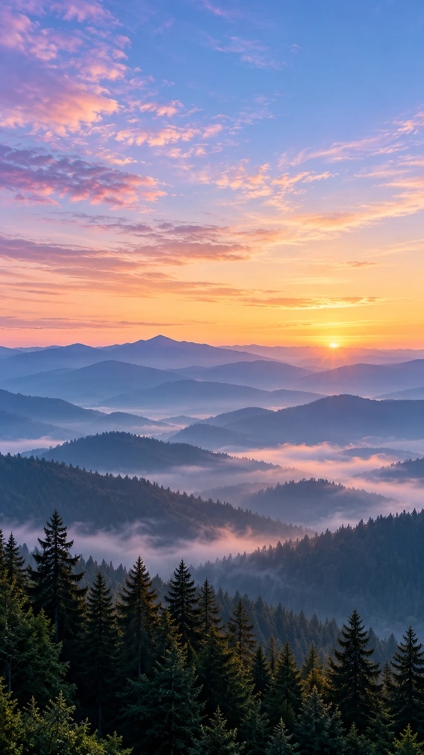 Original artwork of blue mountain ridges in the soft light of sunrise