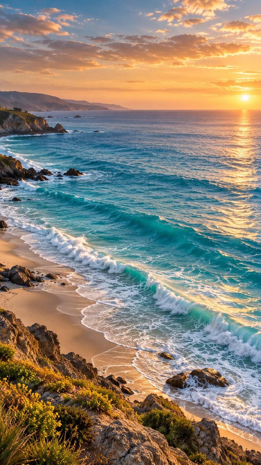 Sunset light across turquoise coastal water